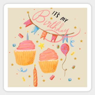 “It’s my birthday!” with bunting, cupcakes, confetti, stars, candles, and hearts Sticker